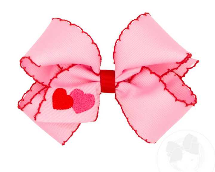 Grosgrain Hair Bow with Moonstitch Edge and Valentine Heart Embroidery