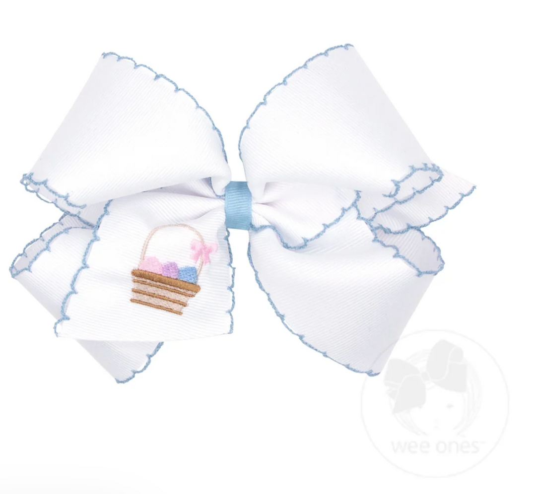 Grosgrain Hair Bow with Moonstitch Edge and Easter Basket Embroidery