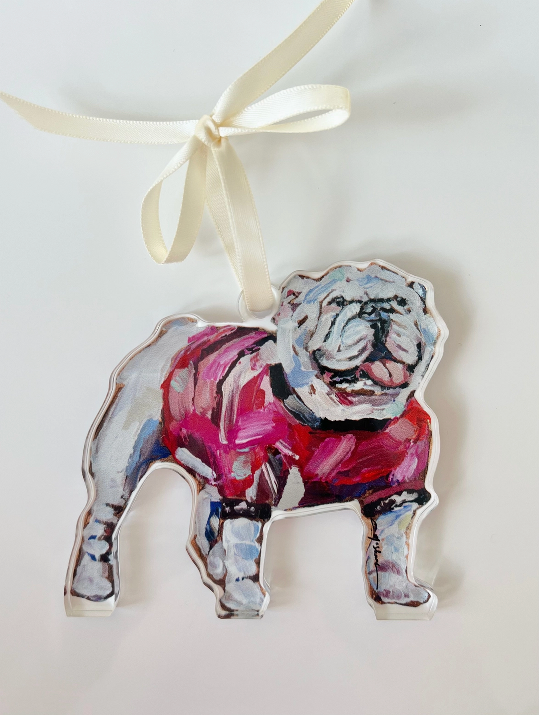 Bulldog with Red Shirt Acrylic Christmas Dog Ornament