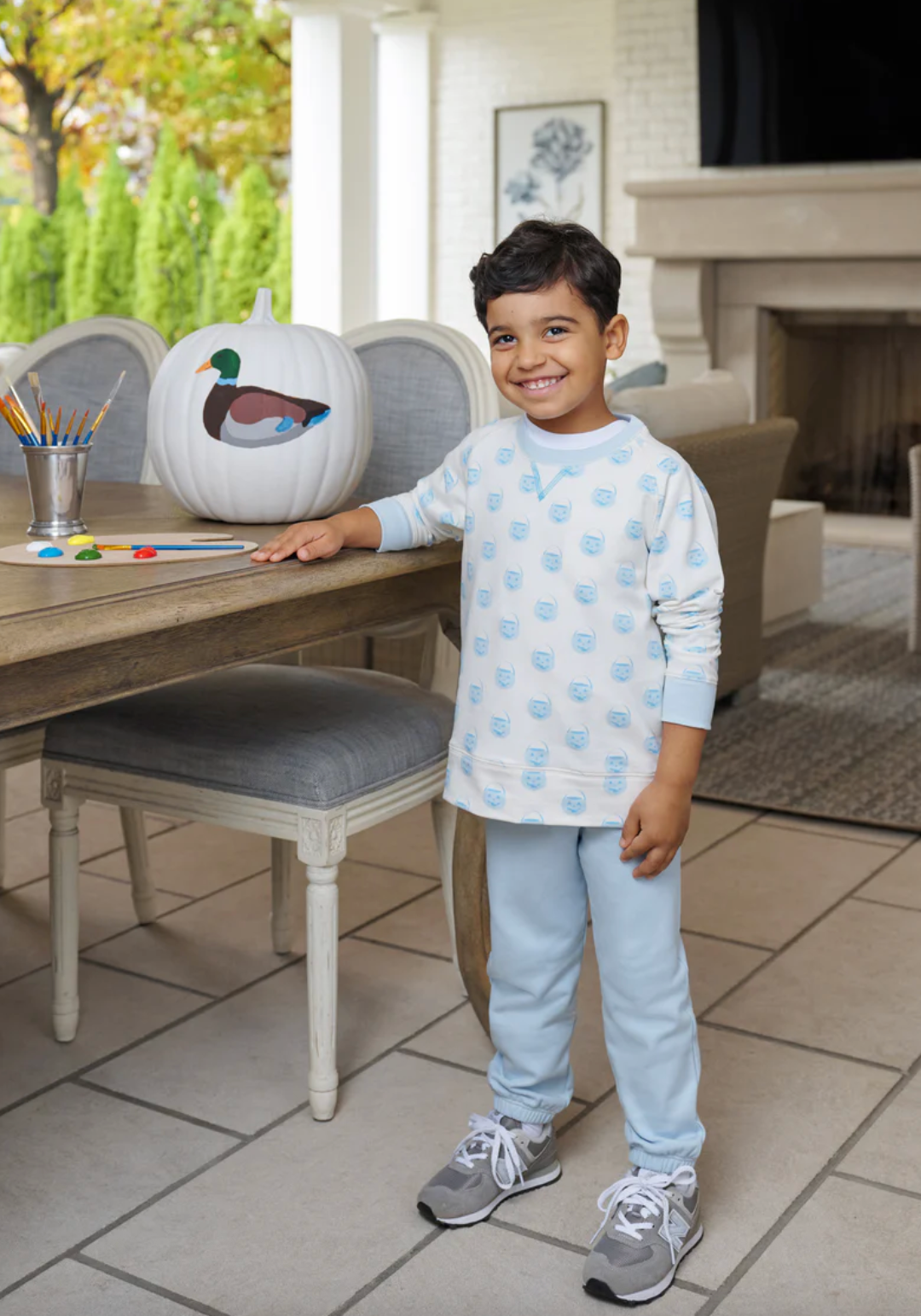 Cassidy Comfy Crewneck- Vintage Prep Pumpkin Pails/Buckhead Blue