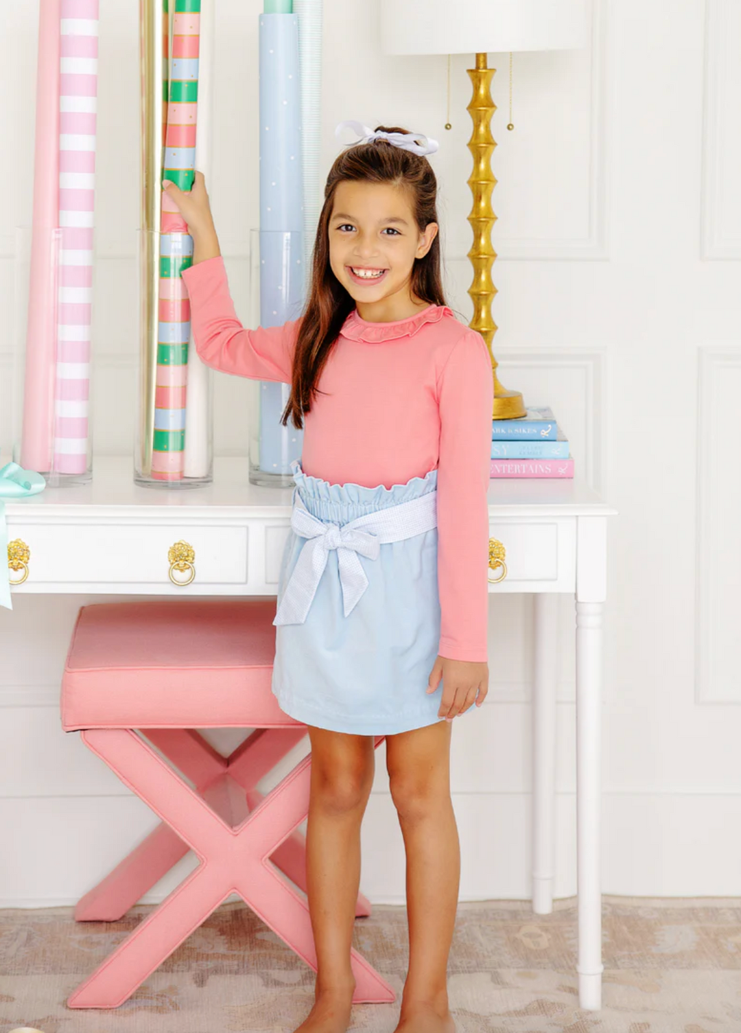 Beasley Bow Skirt (Velveteen)- Barrington Blue with Barrington Blue Windowpane