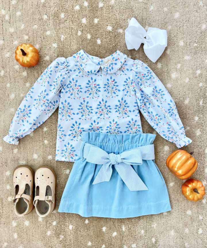 Beasley Bow Skirt (Velveteen)- Barrington Blue with Barrington Blue Windowpane