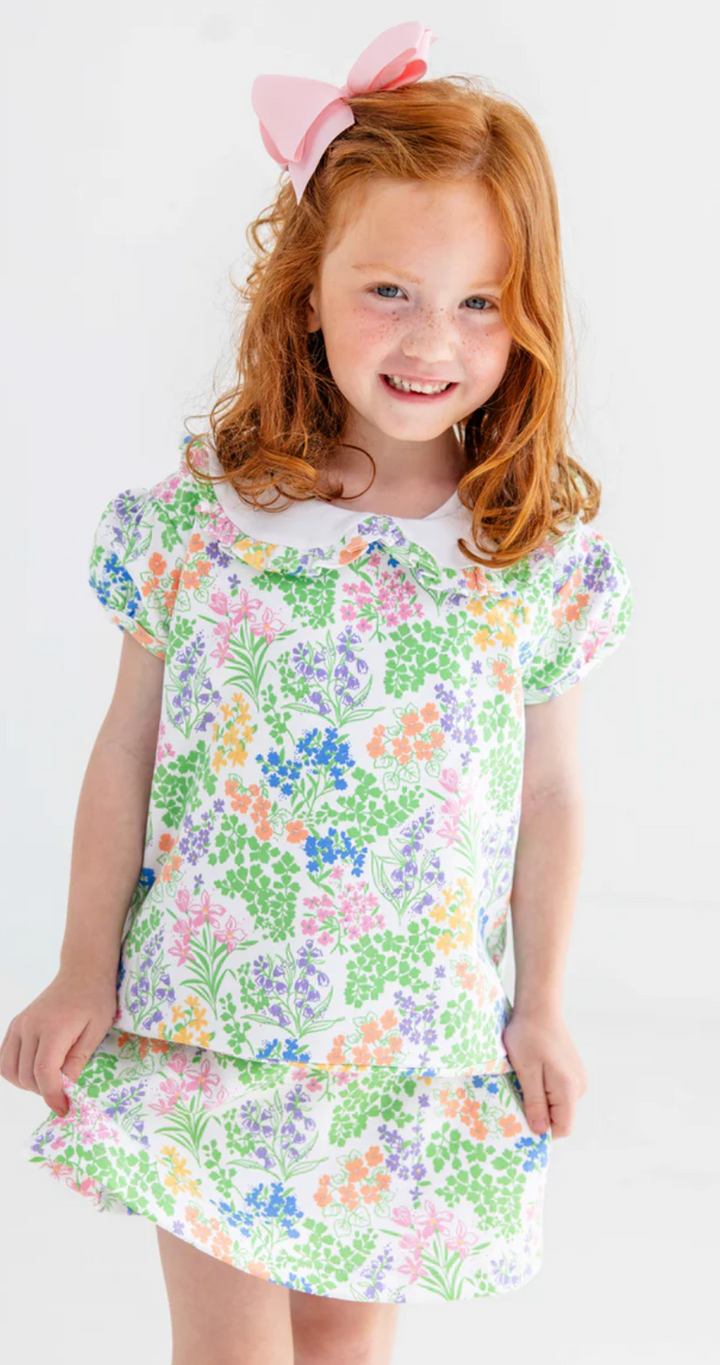 Short Sleeve Maude's Cassidy Comfy Crewneck- Gaston Street Garden with Worth Avenue White