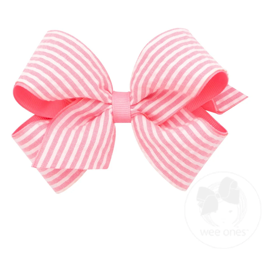 Medium Genuine Seersucker Fabric Grosgrain Overlay Hair Bow