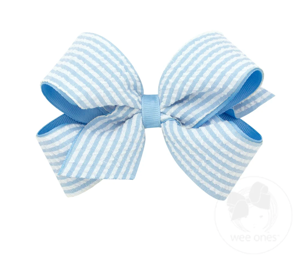 Medium Genuine Seersucker Fabric Grosgrain Overlay Hair Bow