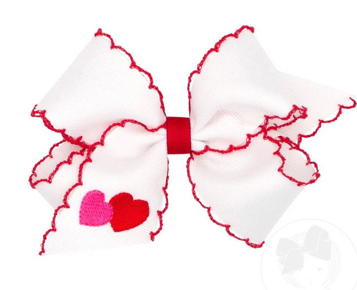 Grosgrain Hair Bow with Moonstitch Edge and Valentine Heart Embroidery