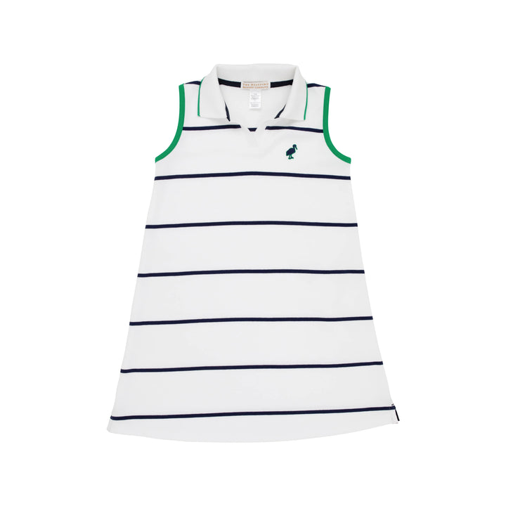 Sleeveless Maude's Polo Dress- Worth Avenue White And Nantucket Navy Stripe With Kiawah Kelly Green
