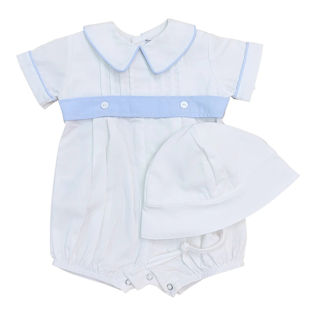 White Pleated with Blue Belt Infant Set