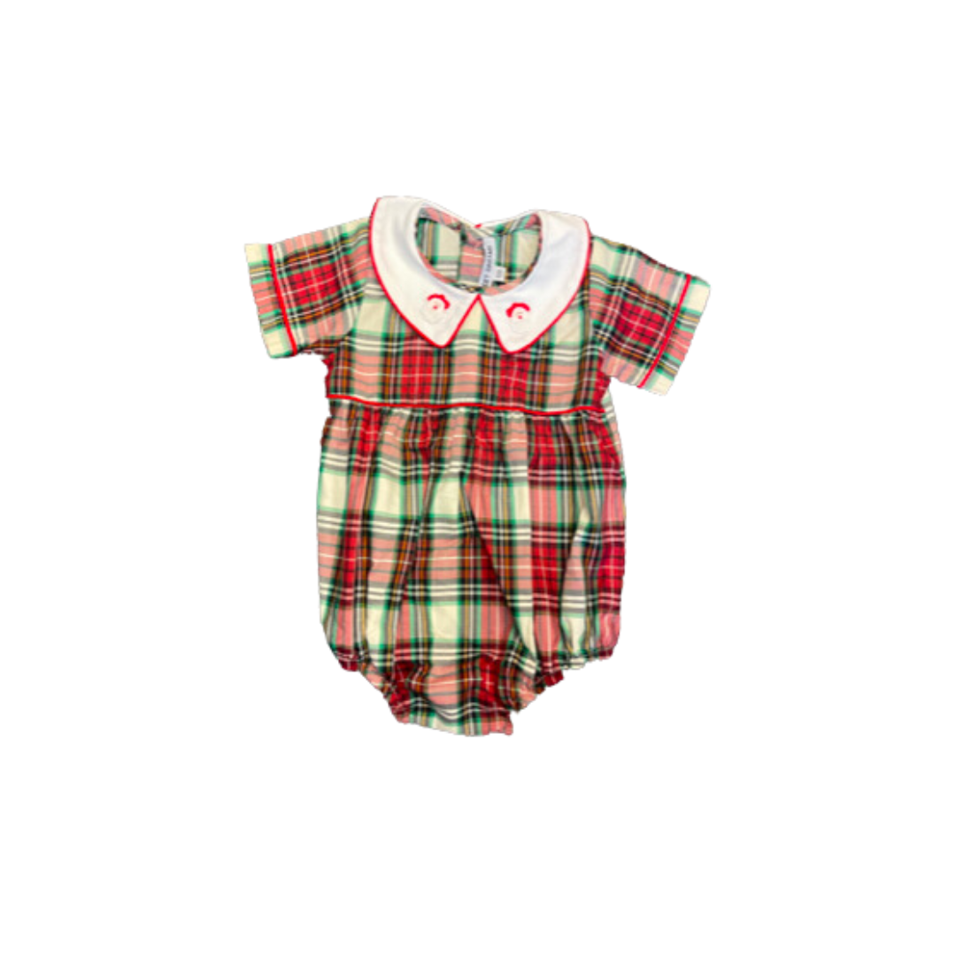 Plaid Boy Bubble with Santa Embroidery on Collar