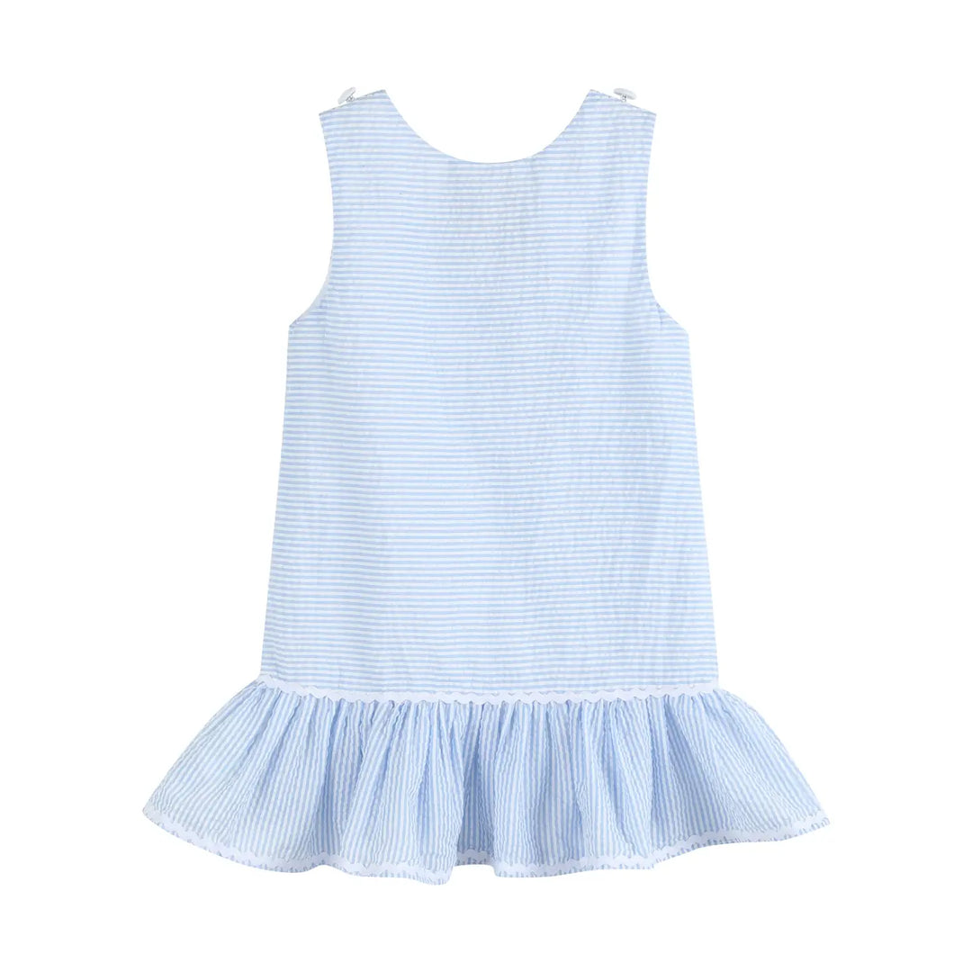 Seersucker Pom Pom Bunny Swing Dress- Light Blue