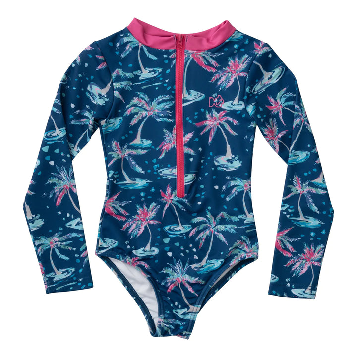 Surf and Turf One Piece Suit- Dark Blue Palm Print