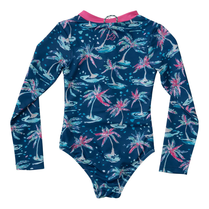Surf and Turf One Piece Suit- Dark Blue Palm Print