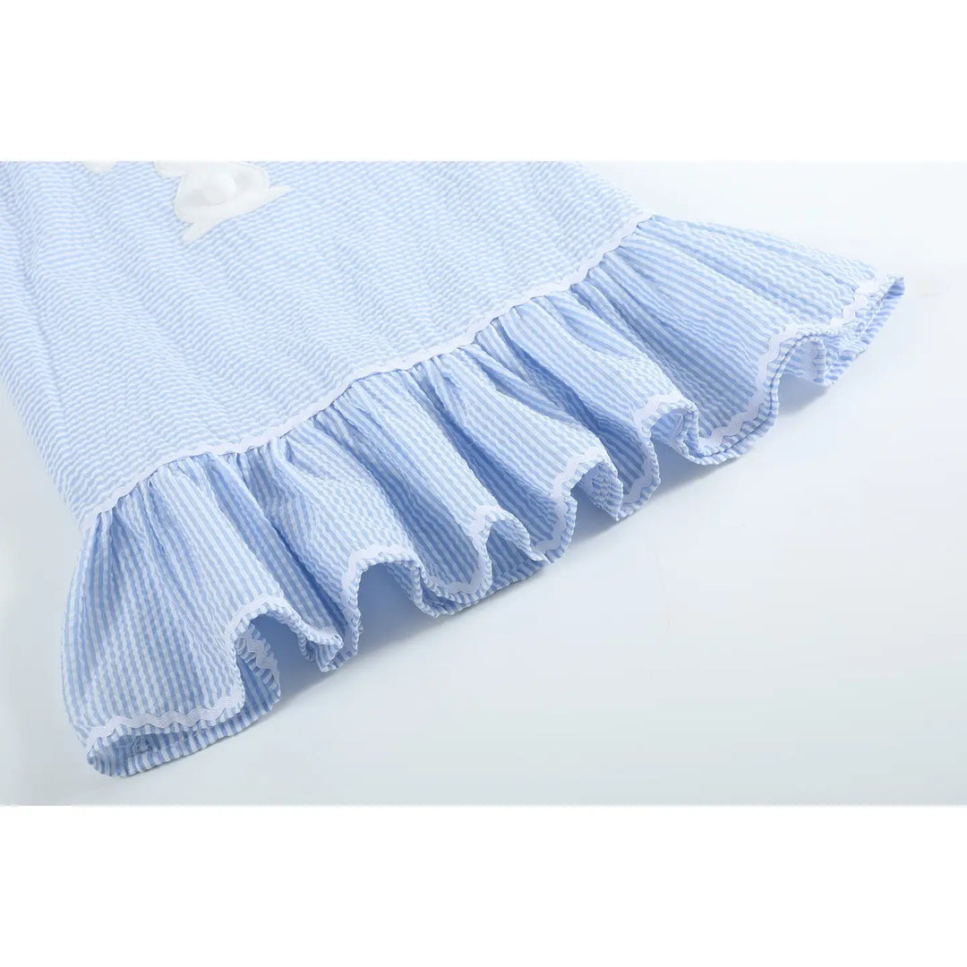 Seersucker Pom Pom Bunny Swing Dress- Light Blue