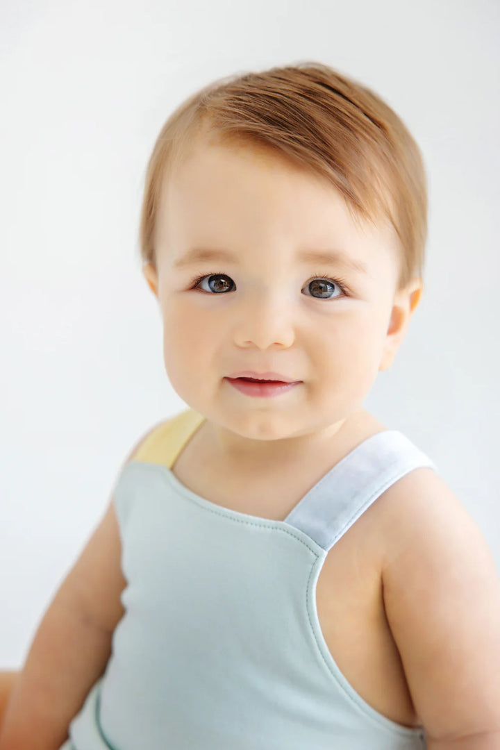 Colorblock Stillman Sunsuit- Sea Island Seafoam, Buckhead Blue, And Bellport Butter Yellow