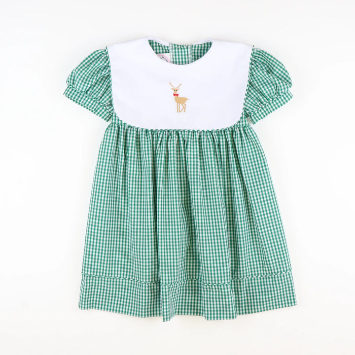 Embroidered Reindeer Collar Dress- Christmas Green Mini Gingham