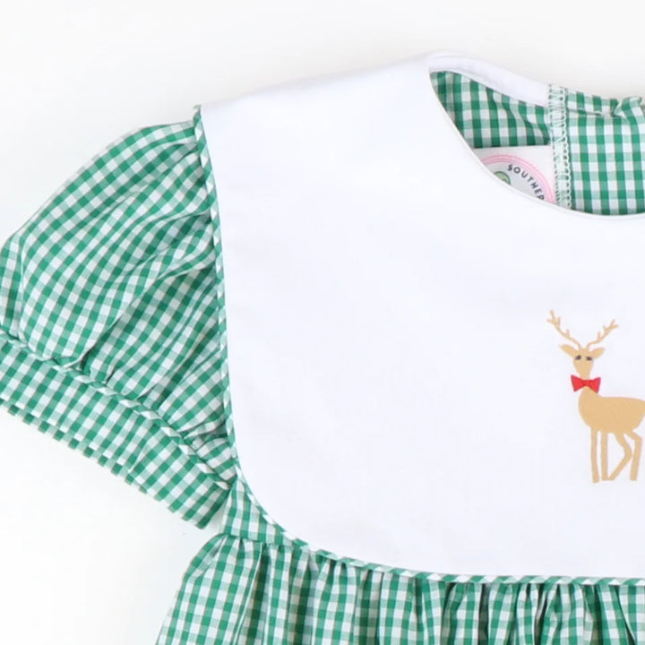 Embroidered Reindeer Collar Dress- Christmas Green Mini Gingham