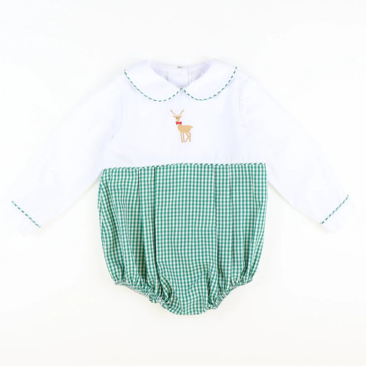 Embroidered  Reindeer Boy Bubble-Christmas Green Mini Gingham