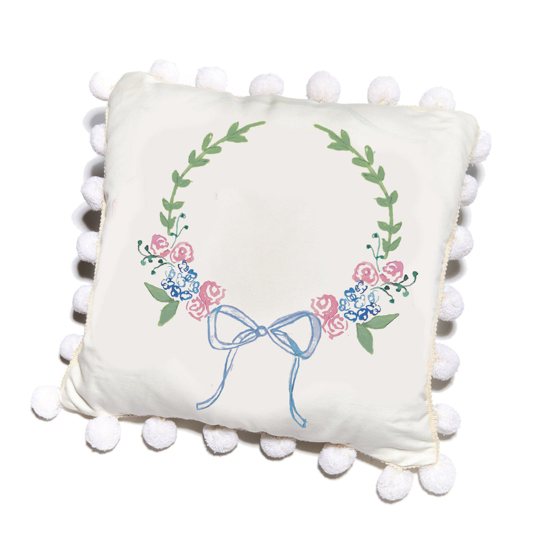 Wreath with Blue Bow & Large Cream Pom Poms  Pillow