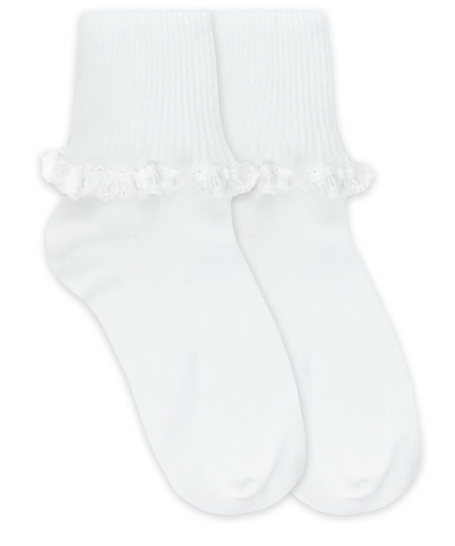 Cluny & Satin Lace Turn Cuff Socks- White/White