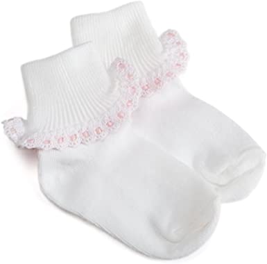 Cluny & Satin Lace Turn Cuff Socks White/Pink