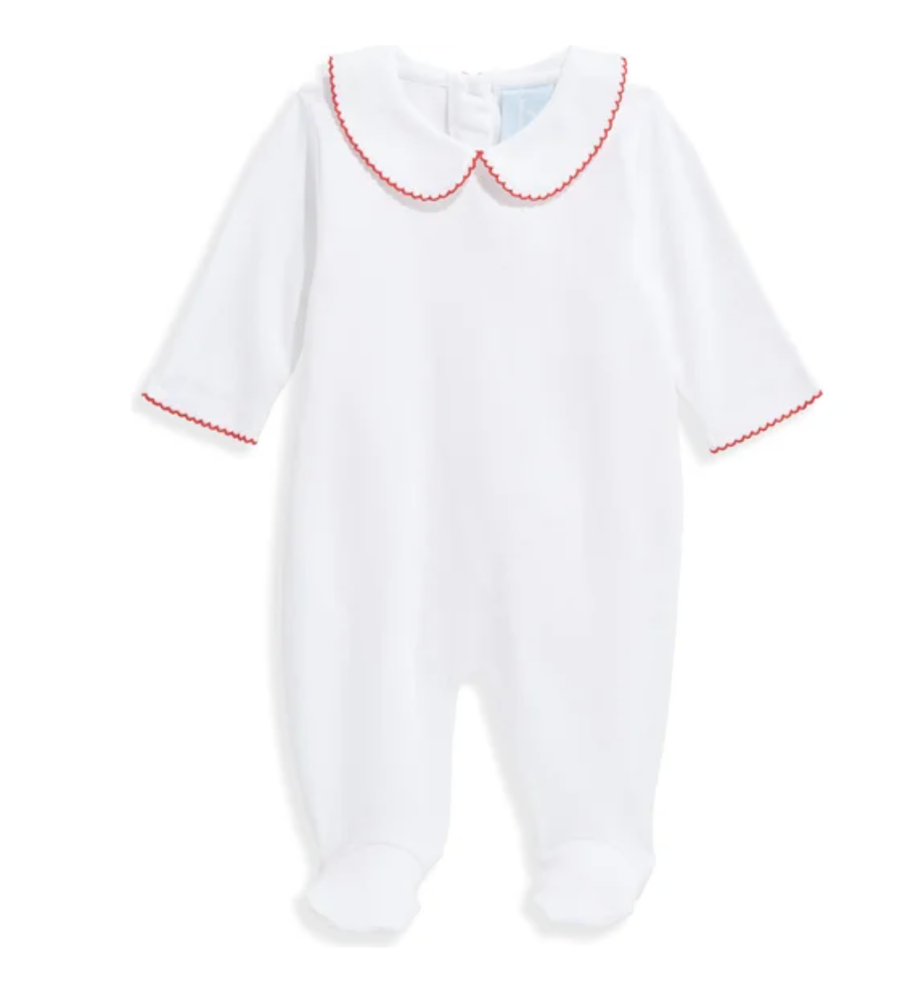 Peter Pan Collared Pima Footie with Red Picot Trim