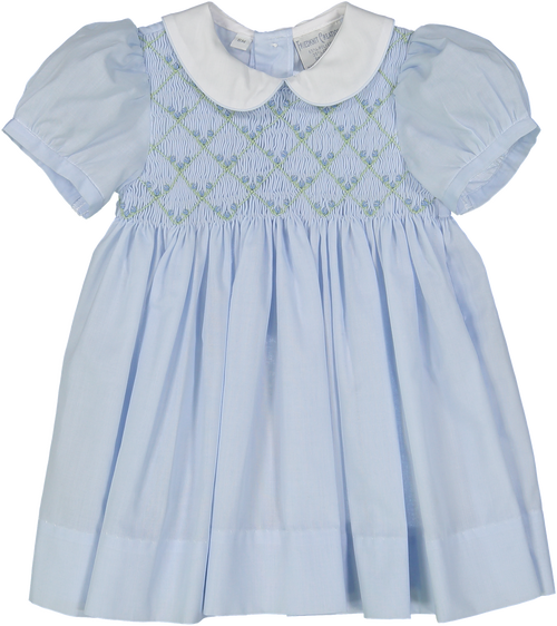 Rosebud Diamond Smocked Dress, Blue/White