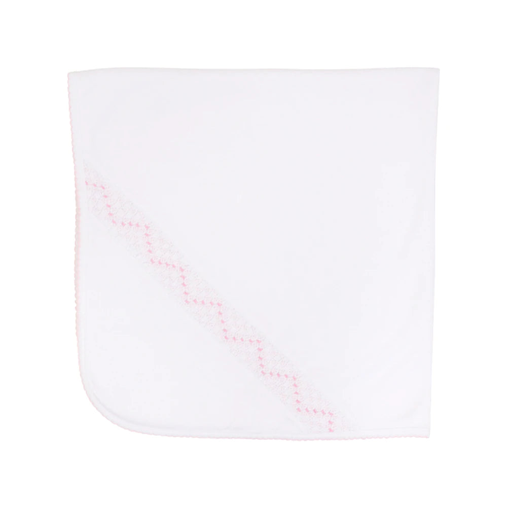 Sweetly Smocked Blessing Blanket - Worth Avenue White With Palm Beach Pink